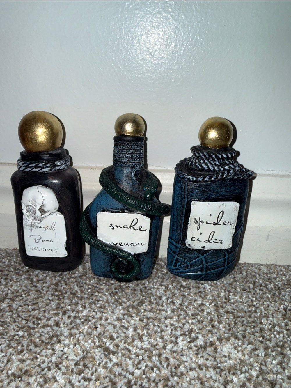 Decorative Blue/black Apothecary Bottle Set of 3  with Gold Caps -4 in